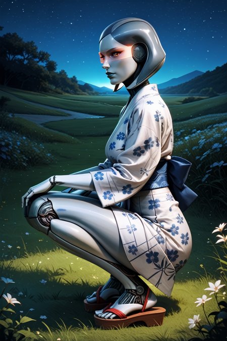 score_9, score_8_up, score_7_up,
<lora:MEEdi:0.8>
MEEdi, 1girl, android, android joints, metallic skin, looking at viewer, night, grass, squatting, yukata, japanese clothes, floral print, obi, from side, looking at viewer, sandals, star \(sky\)