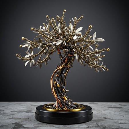a highly detailed mechanical bonsai tree on a black pedestal, branches made of segmented brass and brushed copper tubes, leaves replaced by fine titanium mesh panels shaped into natural foliage silhouettes, trunk composed of intertwined steel cables and gear-wrapped rods, visible micro-actuators along each branch for movement, roots embedded into a steel and carbon fiber baseplate with glowing sensor rings, background is a minimalist stone garden with mist, photoreal, extreme attention to metal texture and scale  








mg-mk.1