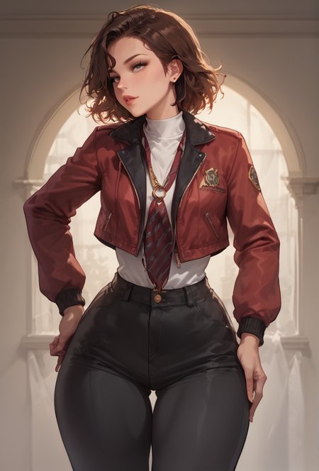a cartoon picture of Madison russell in brown short hair, superflat, red jacket, curvy, wide hips,
superflat, a detailed drawing,jacket,white shirt, <lora:Madison_russell:0.7>,score_9, score_8_up, score_7_up, score_6_up,source, <lora:cartoonstv02XLP:0.6>, fit, solo, curvy, suit, bedroom