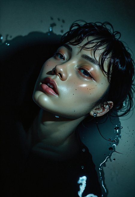(in Otomo Katsuhiro style:1.2), high-quality, masterpiece, A womanâs face partially submerged in a pool of dark oil, the oil reflecting deep shadows and soft highlights, her features slightly blurred by the viscous liquid, delicate cracks form along the surface, Style is Abstract with minimalistic tones, Lighting is Low-key with soft oil reflections, Viscous liquid, soft blur, subtle surface tension, deep shadows, Conceptual Photography, (hyperdetailed:1.1), (intricate details:1.0), (Refined details:1.1), (best quality:1.1), (high resolution:1.2)