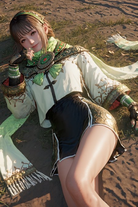 score_9, score_8_up, score_7_up, source_anime, Lying on the side, pretending to laugh uncontrollably, <lora:Bao_Sanniang_Dynasty_Warriors:0.8> girl, solo, brown hair, brown eyes, fingerless gloves,   skirt,  jewelry, scarf, green nails