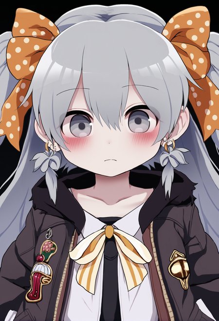 masterpiece, hyper detailed, best quality,(furry:1.3),1girl, bronya zaychik, twin drills, solo, drill hair, jewelry, looking at viewer, earrings, brown jacket, jacket, bangs , black background, closed mouth, grey eyes, simple background, grey hair tie, hair between eyes, shirt, polka dot, ribbon, hair bow, polka dot bow, long hair, yellow bowtie, hair ribbon  ,<lora:DAGASIXLlokr8f-000188:0.95>