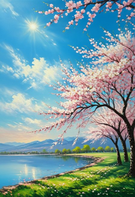 oil painting, Cherry blossoms, Sky (blue), Flowers (pink), Natural scenery, Fresh and clean, Cherry blossom tree, Springtime, Beautiful landscape, Sunlight, Warm atmosphere<lora:xl_more_art-full_v1:0.3><lora:oil_SDXL_v1.0:0.8>