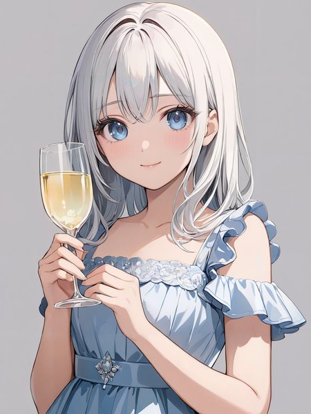 masterpiece,ultra-detailed,best quality,8K,illustration,cute face,clean skin ,shiny hair,girl,ultra-detailed-eyes,simple background, <lora:add-detail-xl:1> <lora:holding glass_XL_V1.0:0.8> holding glass, champagne,dress