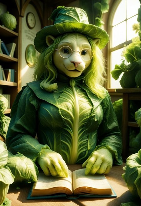 An anthropomorphic white lion looks out at an audience, while reading aloud from a magical book, black and pink magician outfit, small round glasses, hat. An opened impressive magic book, (book cover made of cabbage leafs, cabbage, cjdl:1.5), (leaking green fluo neon acid from inside to the outside, TOXNEO:1.2). (side view, 3/4:1.4), (focus on the book pages:2). Rays of light coming from inside the book.
 The atmosphere is magical and dreamy. 
Dusk, blue sky, orange rays of sun. dutch-angle, (foreshortening, perspective:2).