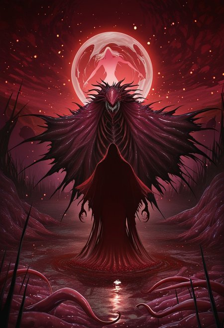 MASTERPIECE, AMAZING QUALITY, 3NDL3SS, SILHOUETTE, MONSTER, SHARP FANGS, FLESH CLOAK, BLOODY, RED PARTICLES, RED SWAMP,