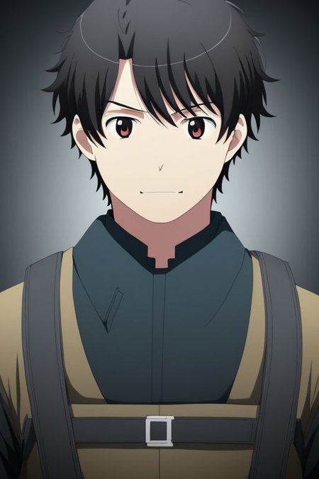 high resolution, solo, best quality, 1Boy, Portrait, Inaho Kaizuka, Black Hair, portrait, looking at viewer, focused gaze forward, upper body, head upright, angry, smile,