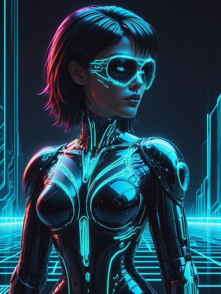 cyberpunk woman, Jed-Jly, Jed-CyFut, Futuristic, Neon, mad-cyberspace, cyberpunk, scifi, 1980s, retro, grid  <lora:JellyStyle:0.6>    <lora:CyberFuturisticStyle:0.6>  <lora:Neon_Cyberpunk_SDXL_-_Cyberspace:0.6>, (masterpiece:1.2), best quality