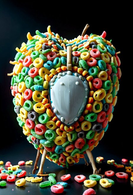 A photorealistic image of a majestic shield (made of fruit loops:1.2), TrypophobiaAI,
intricate details, dramatic composition, tension, contrast, texture, realism, high quality, stunning art, film grain, volumetric lighting, detailed, 
simple background, black background,