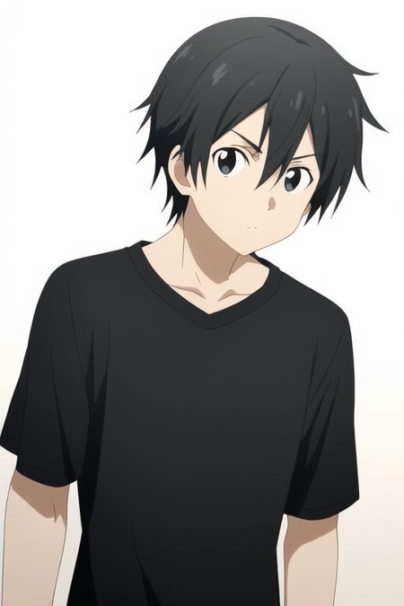 high resolution, professional photography, best quality, 1Boy, Kazuto Kirigaya, Black Hair, Black Eyes, dark t-shirt, looking at viewer, focused gaze forward, plain background, straight body, head upright,