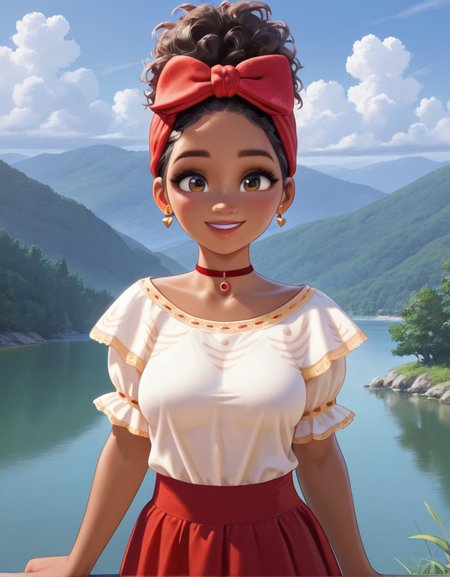 masterpiece, best quality, amazing quality,  very aesthetic, absurdres,  newest, detailed background, 4k, 8k, outdoors, realistic, 
doloresxd, 1girl, dark skin, dark-skinned female, solo, earrings, jewelry, smile, outdoors, black hair, hair bow, medium breasts,  wjite shirt, red skirt, puffy short sleeves, choker, red bow, day, cloud, sky, river, lake, nature, looking at viewer, 
 <lora:Dolores_Madrigal_-_Disney_Illustrious:1>