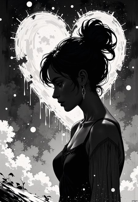 Black and white vintage postcard with a silhouette of a woman crying against the background of a broken heart, it's snowing, it's depressing, painting. Nothing can warm the soul, When the heart is broken. Wanders lonely like a doll. All the questions unspoken.