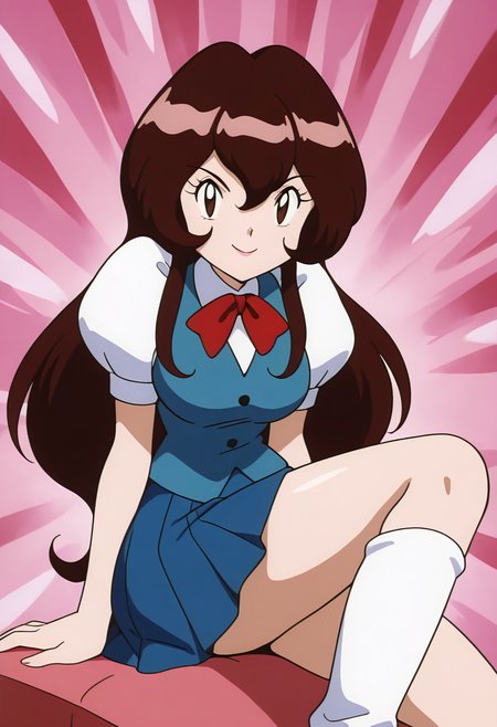 masterpiece, best quality, solo, curvy, beautiful eyes, aged up, large breasts, wide hips, narrow waist, 1girl, solo, smile, looking at viewer, zzGiselle, brown eyes, hair between eyes, brown hair, long hair,   red bowtie, puffy short sleeves, blue vest, buttons, blue skirt,  knee socks, sitting, <lora:GisellePokemon_IXL:1.0>,     squatting, dynamic pose, cowboy shot, playful expression, looking at viewer,