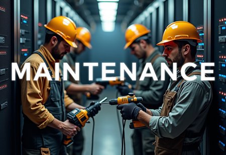 A highly detailed image of construction workers working hard in a server room with the text "MAINTENANCE" written on top. They're all sweating and using various power tools