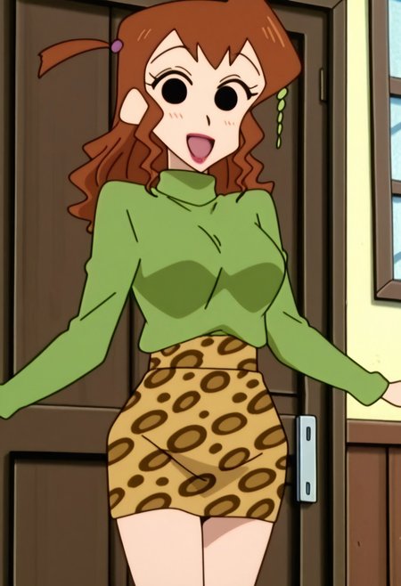 best quality, masterpiece, anime screencap, anime coloring, ultra detailed, source_anime, intricate details, perfect anatomy, looking at viewer,
atsuko kutsuzoko, long hair, brown hair, lipstick, black eyes, makeup, hair ornament, one side up, 
smile, happy, breasts, open mouth,
turtleneck, door, long sleeves, bgreen shirt, shirt, cowboy shot, indoors, window, sweater, green sweater, animal print, miniskirt, standing, leopard print skirt,