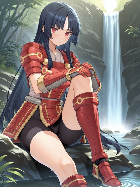legendary six samurai - mizuho,solo,red eyes,sitting,hands on own knee,closed mouth,1girl,red armored gloves,red armored knee boots,black shorts,red armored skirt,red breastplate,white shirt,knee up,looking at viewer,waterfall,
masterpiece,best quality,amazing quality,very aesthetic,absurdres,newest,<lora:Legendary Six Samurai - Mizuho illuXL v1:0.75>,