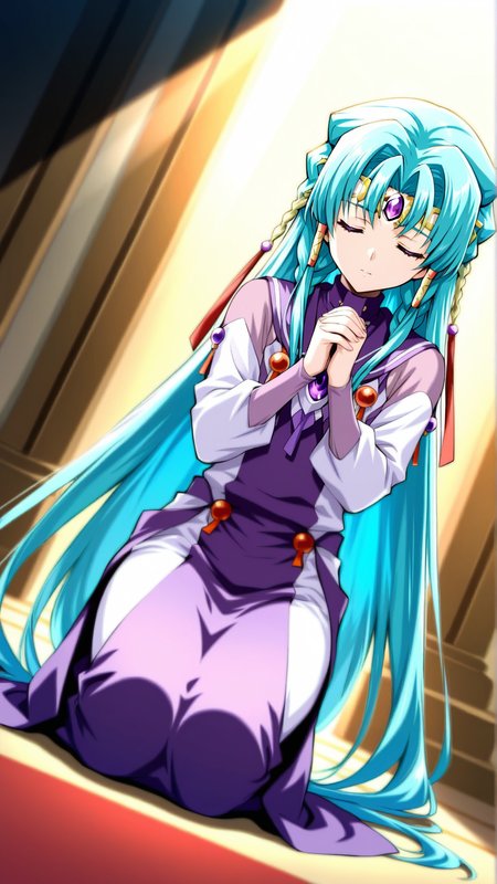 source_anime, general, best quality, masterpiece, 1girl,  <lora:shana_mia_ill_v1.0:1.0> shana_mia\(srw\),purple eyes,long hair,braid, very long hair,aqua hair, hair tubes, circlet, gem, hair ornament, brooch,purple long dress, long sleeves ,forehead jewel,dynamic pose, dutch angle, praying, kneeling, closed eyes, light rays,