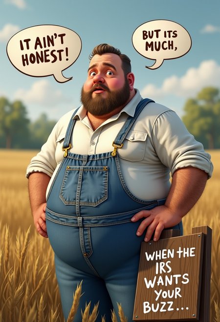 A photorealistic image of an 30-year old chubby man standing in a field and talking, with text bubbles above his head. he is looking with serious expressions on his face. The man has blue jean suspenders, and white shirt underneath and is a country farmer. A text bubble from the man says “It ain't honest, but its much”. 
 A wooden sign next to him says “When the IRS wants your buzz.”