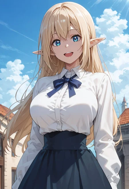 score_9,score_8_up,score_7_up,score_6_up, <lora:aria_beheneko_pdxl_goofy:1>  aria beheneko, 1girl, elf, pointy ears, skirt, large breasts, solo, outdoors, smile, day, open mouth, shirt, sky, high-waist skirt, white shirt,  ribbon, cloud, looking at viewer,  long sleeves