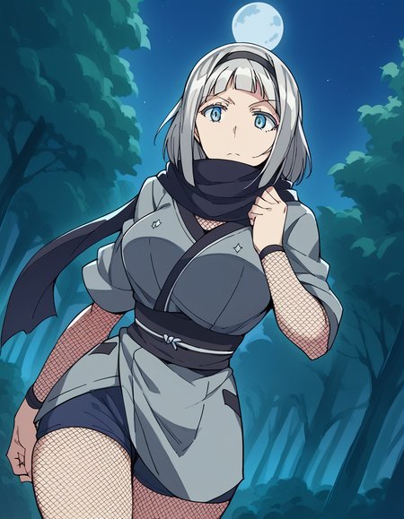 score_9, score_8_up, score_7_up, source_anime, <lora:anna-nishikinomiya-s1-ponyxl-lora-nochekaiser:1>, anna nishikinomiya, short hair, blue eyes, grey hair, hairband, aqua eyes, large breasts,, <lora:ninja-ponyxl-lora-nochekaiser:1>, ninja, fishnets, scarf,, moon, night, forest, trees,, cowboy shot, , dutch angle, cowboy shot