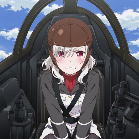 nsfw, masterpiece, best quality, 1girl, solo, warlords_of_sigrdrifa_komagome_azuzu, helmet, red eyes, white hair, sky, cockpit, teeth, sitting, blush, clenched teeth, blue sky, looking at viewer, jacket, long sleeves, seatbelt, day, <lora:Komagome_Azuzu_-_Warlords_of_Sigrdrifa:0.7>