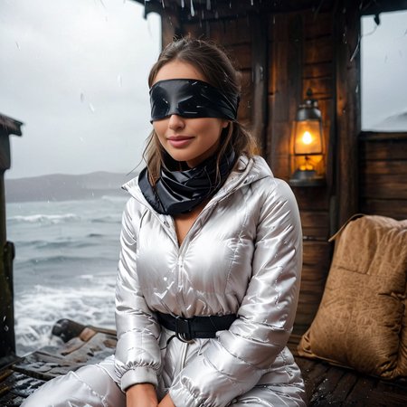 (((dark cinematic still with dark vibes))),one squatting  one south american women,<lora:puffer_downsuit_v1:0.7> puffer_downsuit ,  satin_scarf_blindfold,smile,beautiful eyes,tea,stormy weather (mouth closed)
 <lora:satin_scarf_blindfold:0.7>
<lora:MJ52:1>