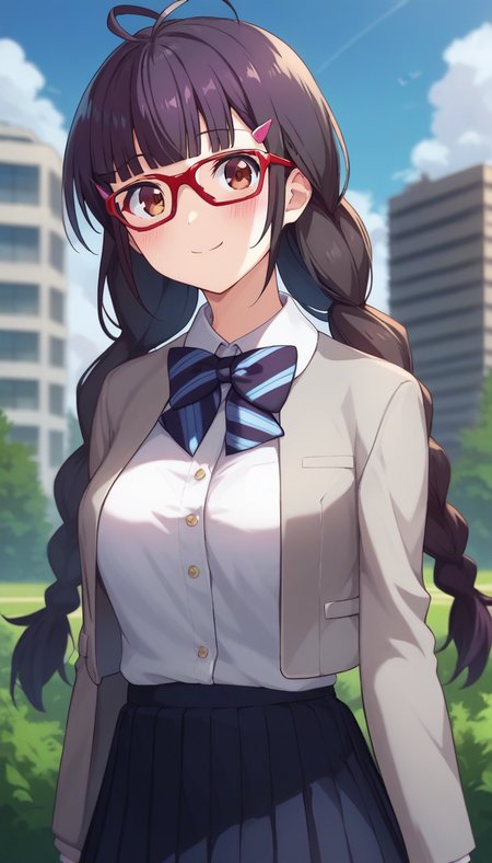 score_9,score_8_up,score_7_up,score_6_up BREAK official art,solo,outdoors,upper body,(portrait:1.5),looking at viewer,facing viewer,smile,blush,Aoi Izumisawa,antenna hair,long hair,black hair,twin braids,hair ornament,hairclip,blunt bangs,brown eyes,red-framed eyewear,school uniform,grey jacket,cropped jacket,blazer,open jacket,black bowtie,striped bowtie,white shirt,collared shirt,long sleeves,medium breasts,black skirt,pleated skirt,black socks,loafers,brown footwear,<lora:Aoi Izumisawa(rf)-Pony:1.4>,