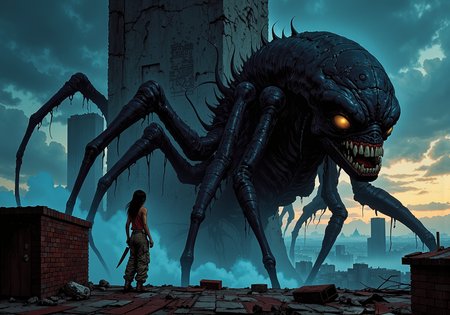 A young Latina woman, dressed in a bloodied tank top and cargo pants, is crouched on the rooftop of a dilapidated building, her breath steady as she watches the writhing mass of alien flesh below. The creature is like nothing sheâs ever seenâits slick, black body is covered in chitinous armor, segmented like an insect but with the bulk of a creature far more sinister. It has dozens of legs, some jointed like a spiderâs, others trailing off into tentacles that thrash in the air. Its elongated head is bulbous, with multiple milky, unblinking eyes that seem to pulsate in rhythm with its every breath. From its wide, gaping mouth, rows of jagged teeth drip with viscous saliva, the sound of its breathing a harsh, wet rasp. The woman grips her knife tightly, waiting for the perfect moment to strike as the thing moves below her, unaware of her presence. Her heart races, but her hands are steady, ready to plunge the blade into the soft spot at the base of the monsterâs skull., (haunting, mysterious, cinematic) | A solitary figure in (tattered robes) stands before a monolithic, cracked wall towering against a twilight sky. | Foreground: the figure gazes up, dwarfed by the massive wallâs sheer scale and etched symbols. | Background: a faint, ominous glow outlines the monolith, adding a sense of ancient power. | Shadows deepen around the figure, cloaking them in mystery. (high contrast, shadow-heavy, detailed textures), (vantablack:0.4), Comic book style<lora:- Flux1 - vanta_black_V2.0.safetensors:0.7000000000000001:0.7000000000000001> <lora:flux_vividizer.safetensors:0.4:0.4> <lora:Flux_Detailer2K.safetensors:0.6:0.6> <lora:Comic book V2.safetensors:1:1>