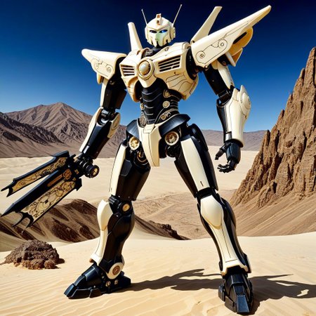 made out of, ebony, ivory, scrimshaw, bone carving, mecha, standing, pose, super robot anime, anime style,  desert mountain, 2d high score, masterpiece, best quality, absurdres,