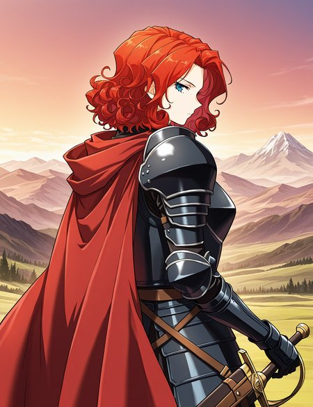 <lora:Alicia_Termina_Magentano__The_Greatest_Estate_Designer:1>
1 girl, solo, red hair, blue eyes, medium hair, curly hair
armor, red cape, black shoulder armor, black pauldrons, black gauntlets, black breastplate,  sheath, sword
score_9, score_8_up, score_7_up, source anime, BREAK,  cowboy shot, (from side), looking back, looking at viewer, overlooking mountain, high altitude, scenery, exterior, background, (solo), perfect hands