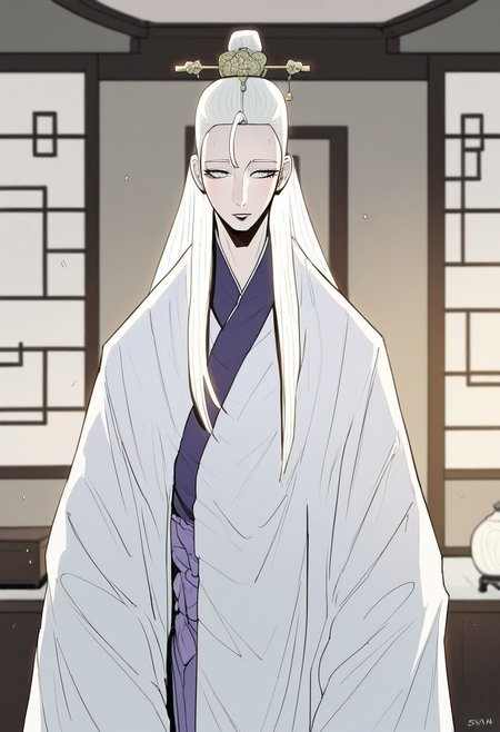 score_9,score_8_up,score_7_up,score_6_up,blurry, blurry background,1girl,seo geum hyang,pale skin,solo,white hair,long hair,hair ornament,white chinese clothes,white hanfu,white shawl,dark,under light,indoors,living room,cowboy shot, dutch angle