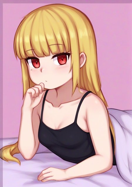 (1girl),bed sheet, black camisole, blonde hair, breasts, camisole, collarbone, hand up, long hair, looking at viewer, lying, on stomach, red eyes, red ribbon, ribbon, small breasts, solo, under covers<lora:toku:1>