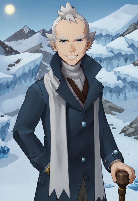 safe_pos, safe_pos, score_9, score_8_up, rating_nsfw, ultra hd, absurdres, best quality, best aesthetic, masculine, solo, 1boy, male focus, perfect proportions, handsome,  erotic, alluring, hand with five fingers, mature male,

PokePryce, old man, white scarf, blue coat, cane, grey hair, Expressiveh, snow background, snow, looking at viewer, flirty smile
