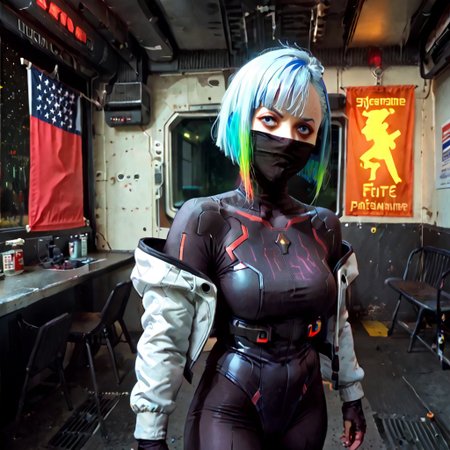 cinematic digital concept art, 
saturated colors, 
VG_SS, fake screenshot, english text,
<lora:cyberpunk-lucy-s1-ponyxl-lora-nochekaiser:1>, lucy, short hair, bangs, blue eyes, blue hair, multicolored hair, makeup, multicolored eyes, large breasts,
bare hips, bodysuit, jacket, leotard, monowire, off shoulder, off-shoulder jacket, open clothes, open jacket, skindentation,
boots
g4g, covered mouth, mouth silhoutte, star spangled banner mask, (nose)
framing device, leading lines, fast shutter, negative space,