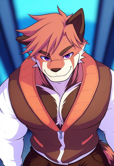 <lora:OwenLoreleiV2:1>, Owen Lorelei, purple eyes, red panda, tail, purple eyes, perfecteyes, 1boy, solo, furry, furry male, muscular, bara, athletic build, long torso, narrow hips, large pectoral, very aesthetic, vibrant colors, depth of field, beautiful, highres, amazing quality, high sharpness, dynamic angle, HD, digital flat colors, detailed background, brown jacket, white sleeves, brown pants, pectoral cleavage, partially unzipped, bulge, from above, close up, face focus, portrait, smile, ^_^