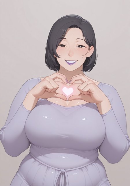 , 1girl, solo, medium build, medium hair, sfw, safe for work, covered skin, flowy dress,  black eyes, purple lipgloss, smiling, portrait, upper body, heart hands, mature female, foreshortening, detailed, newest, shiny skin, cowboy angle, solo focus, medium build, soraoraora, medium breasts,


