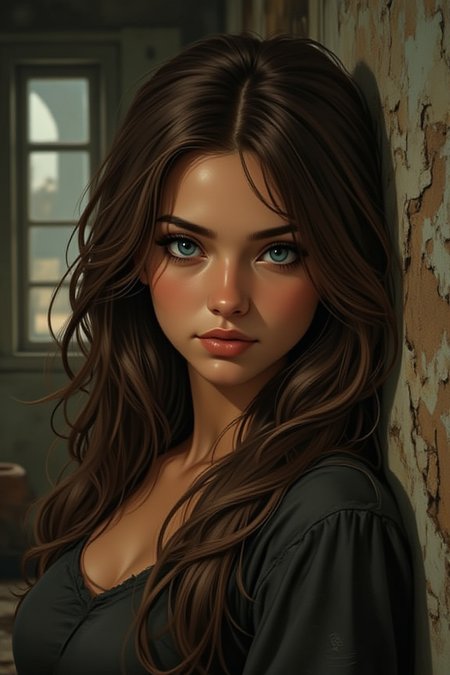 illustration, cartoon, anime, manga, drawing, A young woman with long brown hair and blue eyes gazes intently at the camera set against a rustic backdrop of worn-out walls and a window, hyper realistic