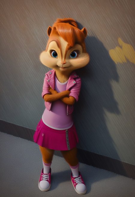 score_9, score_8_up, score_7, score_6, detailed background, town, streets, trees, brittany miller, chipmunk, furry, short ears, jean jacket, pink shirt, pink mini skirt, socks, sneakers, standing, leaning against wall, crossed arms, looking at viewer, front view, smiles, 6 inches tall