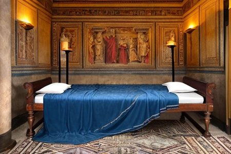 (masterpiece:1.2), (best quality,:1.2), 8k, HDR, ultra detailed, ((photorealistic)), professional light, cinematic lighting, fashion photography, ambient lighting, face lighting, <lora:detail_slider_v4:1>, Fantasy picture, OverallDetail, ancient roman room with a statue and candles in it and a bed in the middle of the room with a blue blanket on it and a blue blanket on the floor, RomInt, <lora:RomanInterior-10:1>, epiCPhoto
