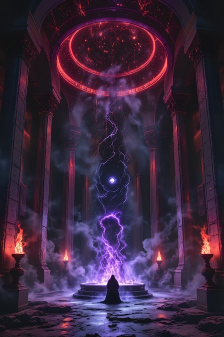 A corrupted temple's main chamber features a floating black crystal altar. Dark energy flows like water up the pillars, which are carved with scenes of conquest. The ceiling shows a map of the stars in glowing red lines, while shadowy figures in ornate robes attend to dark rituals. Purple flames burn in brass braziers while shadow creatures lurk in the corners. , detailed background  Fantastic lighting. Detailed shadows.intricate details, vivid colors, hyper-detailed, ultra-sharp, High resolution, high detail. Highly detailed. <lora:OBæç«å¾äººåæå½±Instant camera portrait photography V2.0:1.0>, <lora:Dark side of light:0.55>, <lora:aidmaFLUXPro1.1-FLUX-v0.3:1.0>, <lora:Glitchcore_Flux:0.8>,