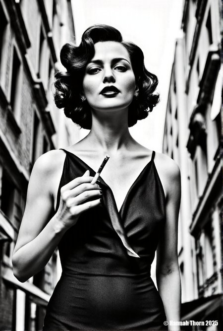 A realistic black and white portrait of a beautiful woman with dark, curly hair, standing in a bustling city street with tall buildings on either side, looking up and slightly to the right, holding a cigarette in her hand, wearing a dark v-neck dress, captured with a shallow depth of field, creating a dreamy and nostalgic atmosphere, reminiscent of classic fashion photography, the lighting is soft and diffused, emphasizing the woman's features and creating a sense of timeless elegance, shot with a medium format camera and a fast lens, such as an 85mm at f/2.8, to achieve a smooth bokeh effect in the background, the buildings are slightly blurred, adding to the overall sense of depth and focus on the subject, the composition is carefully balanced, with the woman positioned slightly off-center to create visual interest, the overall tone is sophisticated and glamorous, evoking a sense of old Hollywood charm, a sense of nostalgia and timeless beauty., <lora:_Flux\_Photographer\Helmut_Newton-000001.safetensors:0.8300000000000002:0.8300000000000002> <lora:_Flux\_Skin_Appearance\detailifier_flux-000006.safetensors:0.8300000000000002:0.8300000000000002> <lora:_Flux\_Skin_Appearance\Old_Beauty.safetensors:0.7500000000000001:0.7500000000000001>, A striking black and white portrait of a woman, reminiscent of classic Hollywood glamour, with a film strip draped across her face, creating a surreal and artistic effect. The image is captured with a shallow depth of field, emphasizing the sharpness of her features and the film strip, while gently blurring the background. The lighting is soft and diffused, highlighting the contours of her face and adding a timeless quality to the photograph. The overall style evokes the elegance of vintage photography, with a modern twist that challenges conventional portraiture. Shot with a Hasselblad camera and an 80mm lens, f/2.8, ISO 100., <lora:_Flux\_Photographer\Helmut_Newton-000001.safetensors:0.8300000000000002:0.8300000000000002> <lora:_Flux\_Skin_Appearance\detailifier_flux-000006.safetensors:0.8300000000000002:0.8300000000000002> <lora:_Flux\_Skin_Appearance\Old_Beauty.safetensors:0.7500000000000001:0.7500000000000001><lora:_Flux\_Photographer\Helmut_Newton-000001.safetensors:0.8300000000000002:0.8300000000000002> <lora:_Flux\_Skin_Appearance\detailifier_flux-000006.safetensors:0.8300000000000002:0.8300000000000002> <lora:_Flux\_Skin_Appearance\Old_Beauty.safetensors:0.7500000000000001:0.7500000000000001>