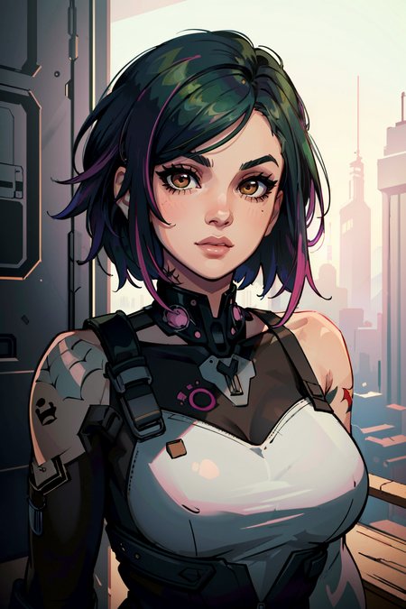 (masterpiece:1.2),(best quality:1.2),(high resolution:1.2)
 <lora:CyberJudy:0.8>
CyberJudy, 1girl, solo, asymmetrical hair, green hair, pink hair, brown eyes, tattoo,  ilya kuvshinov, artgerm, Mark Brooks, Marina AbramoviÄ, Wadim Kashin, trending on Artstation