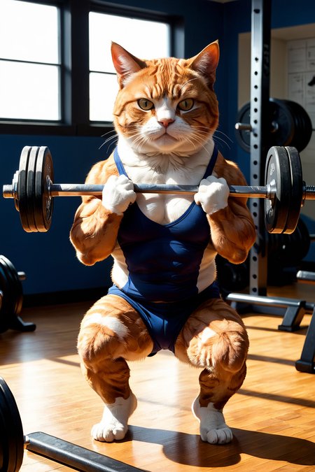 A muscular cat in a gym, intensely practicing weightlifting. The cat is robust and well-built, with clearly defined and bulging muscles that emphasize its strength and dedication to fitness. It wears a small sweatband and has a determined expression on its face. The gym environment is detailed, with various weightlifting equipment, barbells, and dumbbells around. The lighting in the gym highlights the cat's muscles, casting dramatic shadows that enhance its muscular definition. The scene is realistic, capturing the grit and effort of the workout. The gym has mirrors reflecting the cat's image, adding depth to the scene.
<lora:EldritchMixIllustration_1.1:0.5>,
<lora:WildcardX-XL-Detail-Enhancer:1>,
<lora:add-detail-xl:1.0>,
<lora:EnvyBetterHiresFixXL01:1.0>,
<lora:extremely_detailed:1.0>, extremely detailed,