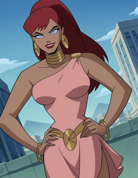 score_9, score_8_up, score_7_up, source_anime,
giganta, <lora:giganta-dcau-ponyxl-lora-nochekaiser:1>,
giganta, blue eyes, red hair, dark skin, dark-skinned female, makeup, lipstick, ponytail,
dress, jewelry, earrings, bracelet, pink dress,
outdoors, cityscape, hands on hips, smile,
looking at viewer, solo, dutch angle, cowboy shot,