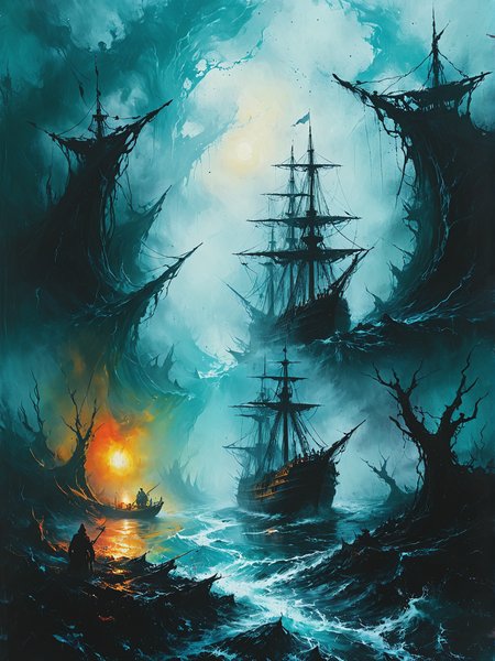 Ghostly ships navigate the river Styx, ultra-fine digital painting, <lora:xl_more_art-full_v1:0.3>,  <lora:Desolation:0.6> <lora:gorgoeus_splash_of_vibrant_paint:0.7> Gorgeous splash of vibrant paint