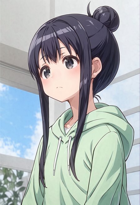 score_9, score_8_up, score_7_up, source_anime,  <lora:lowres_concept_ponyXL_v1:-0.3>
BREAK,
<lora:annaka_moe_PonyXL_v1-000015:1> annaka moe, single hair bun, long hair, black hair, black eyes, 
1girl, solo, 
;/,
blush ,
clear green hoodie black __bottoms__ , 
Low Angle, looking up, from side, Tapas Bar bokeh, depth of field,
