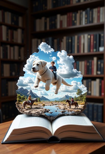 On top of a wooden table in a library full of books on shelves. The book's pages are open, fantastical scene. The central subject is an open book, mixed-media piece that merges a scene of a (((white furry Chinese dragon with the head and short legs of a white dog, droopy ears and thick white furry mustache))) soaring through the sky. On the dragon sits a boy in casual clothing. They are flying over a grey waste land. On the ground is a boy with long hair riding on a horse. Projected in the scene is the text "The Neverending Story"
