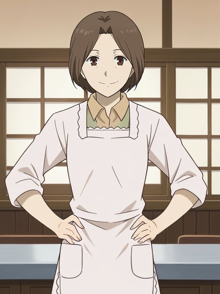 <lora:Touko_Fujiwara-Natsume_Yuujinchou:1>,Touko,1girl,solo,old woman,brown hair,brown eyes,short hair,shirt,kappougi,apron,cowboy shot,hands on own hips,smile,looking at viewer,indoors