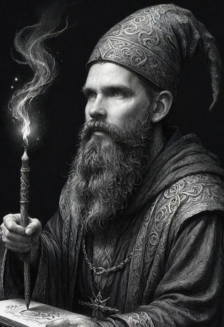 ink art, a black and white drawing of a bearded man wizard,  35 yo, a charcoal drawing by Ed Binkley, cgsociety, fantasy art, charcoal drawing, pencil sketch, detailed painting