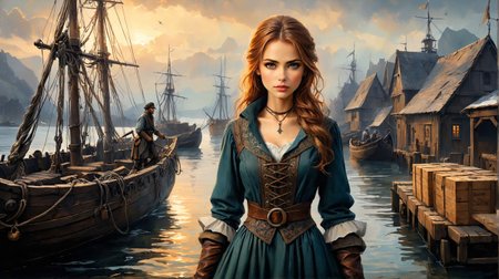 (style of Alfons Walde, Alpine Landscapes, Rich Colors, Bold Brushstrokes, Winter Scenes, Atmospheric Realism:1.3), (style of Annie Leibovitz), medieval dock sexy busty adult woman dock worker, bollards, rugged medieval attire, rough-spun tunic, leather belt, large covered breasts, cleavage, practical boots, headscarf, leather gloves, simple tool belt, earthy tones, deep blues, grays, gritty and determined, natural lighting, overcast sky, shadows, highlights, medieval dockyard, wooden crates, barrels, carracks, rough wooden textures, calm water, strong confident stance, determined expression, holding dock equipment, unique elements, seagull perched on crate, distant carrack, (medieval dock female dock worker:1.2), (style of Frank Frazetta), coiled ropes, wooden sailing ships, harpoons and cannonballs, setting sun, (dramatic lighting:1.3), (dark fantasy atmosphere:1.1), (background cityscape:0.8), Shelly_Marie